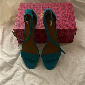 Tory Burch Blue Suede Heels with Elegant Ankle Strap